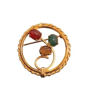 Vtg Gold Tone Circle Brooch Glass Scarab Beatle Cabochon Flower Design  1.25"